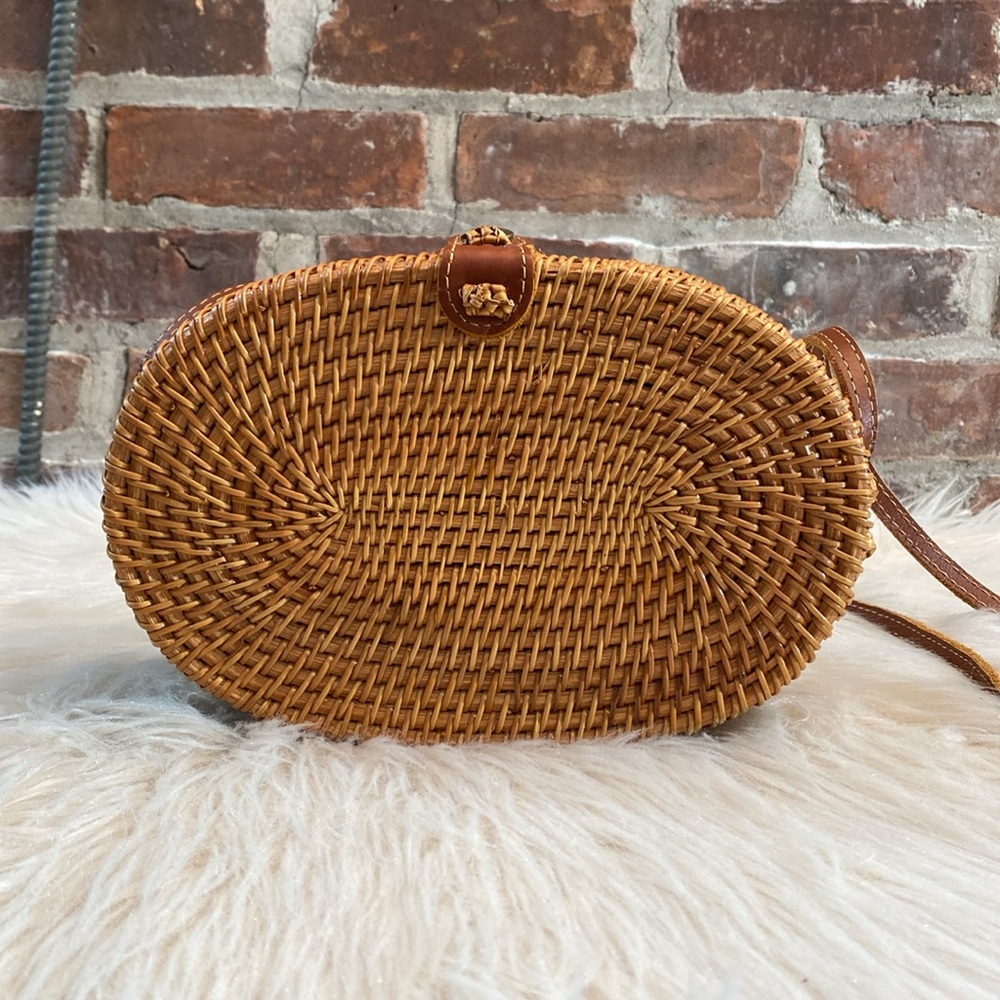 Oval Woven Rattan Bag with Long Leather Strap - Picture 5 of 16